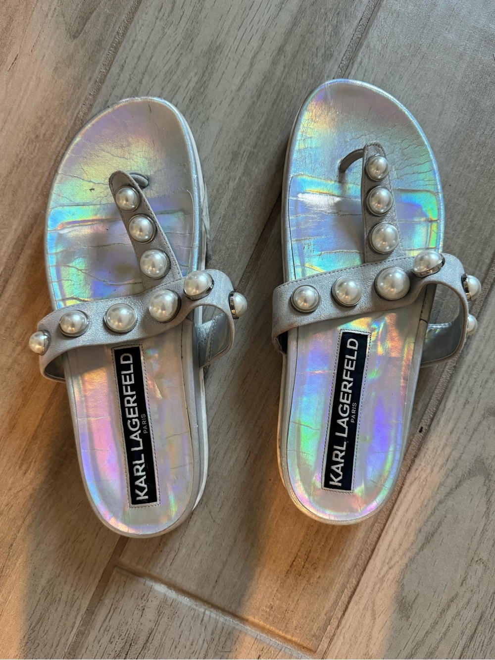 Karl Lagerfeld Iridescent Pearl-Embellished Slide Sandals - Iridescent Silver